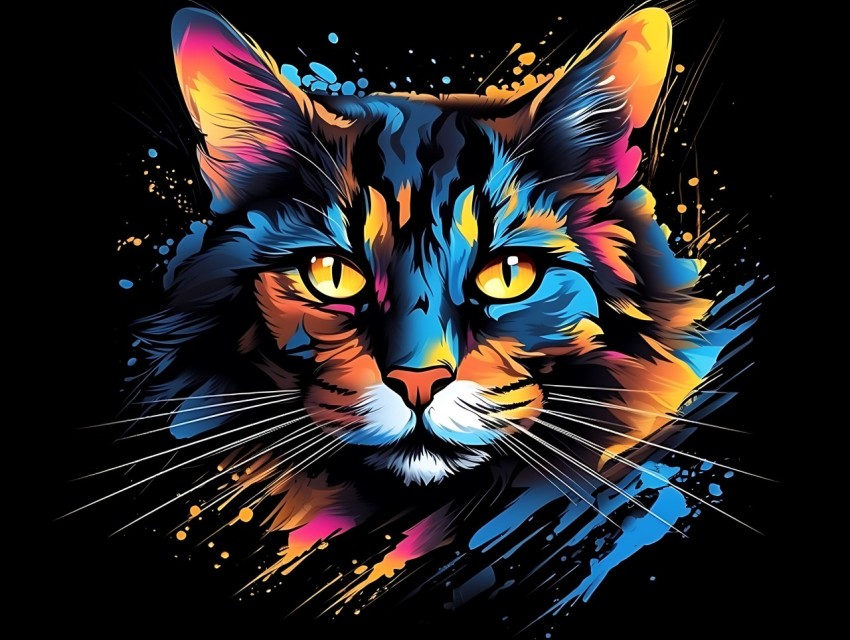 Colorful Cat Face Head Vivid Colors Pop Art Vector Illustrations Black Background (471)