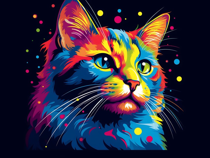 Colorful Cat Face Head Vivid Colors Pop Art Vector Illustrations Black Background (475)