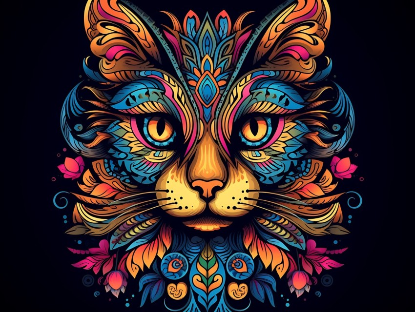 Colorful Cat Face Head Vivid Colors Pop Art Vector Illustrations Black Background (490)