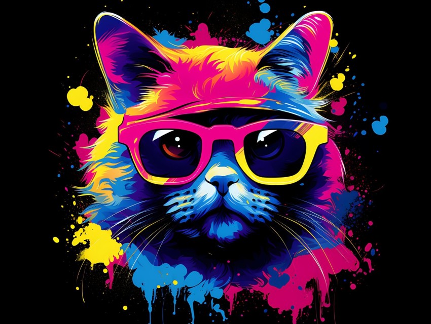 Colorful Cat Face Head Vivid Colors Pop Art Vector Illustrations Black Background (478)