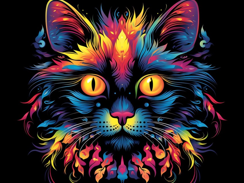 Colorful Cat Face Head Vivid Colors Pop Art Vector Illustrations Black Background (459)