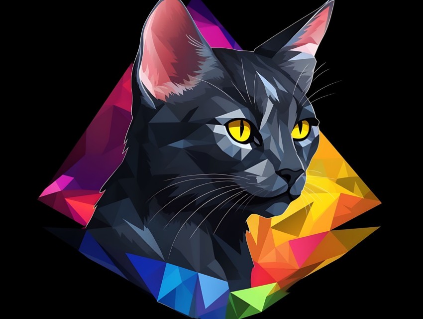 Colorful Cat Face Head Vivid Colors Pop Art Vector Illustrations Black Background (539)