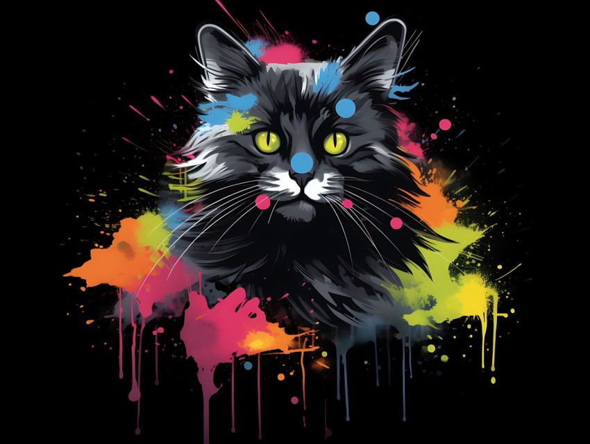 Colorful Cat Face Head Vivid Colors Pop Art Vector Illustrations Black Background (530)