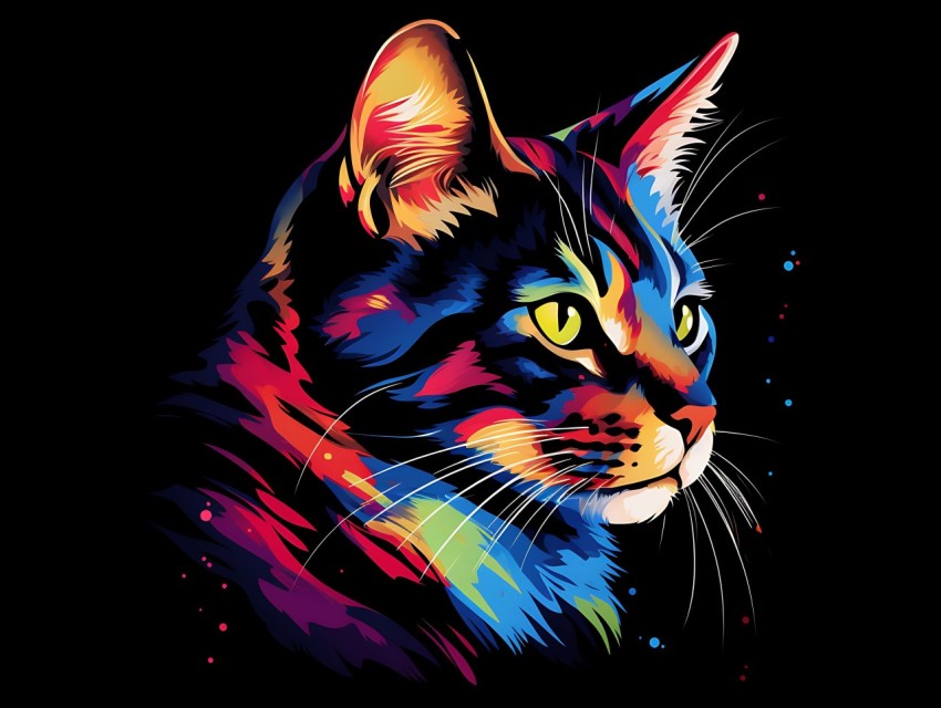Colorful Cat Face Head Vivid Colors Pop Art Vector Illustrations Black Background (533)
