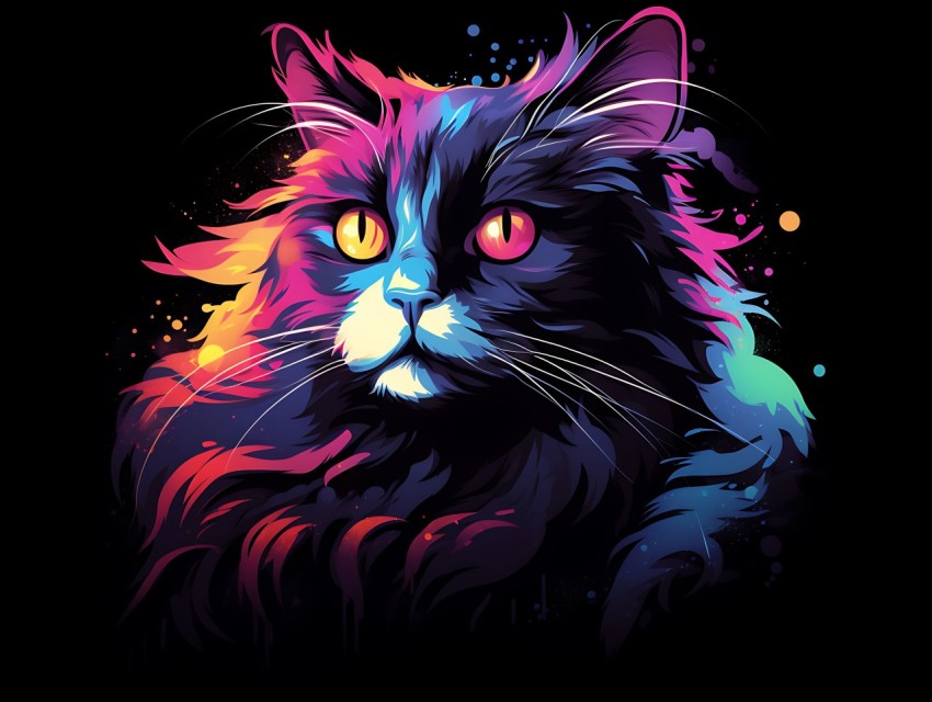 Colorful Cat Face Head Vivid Colors Pop Art Vector Illustrations Black Background (547)