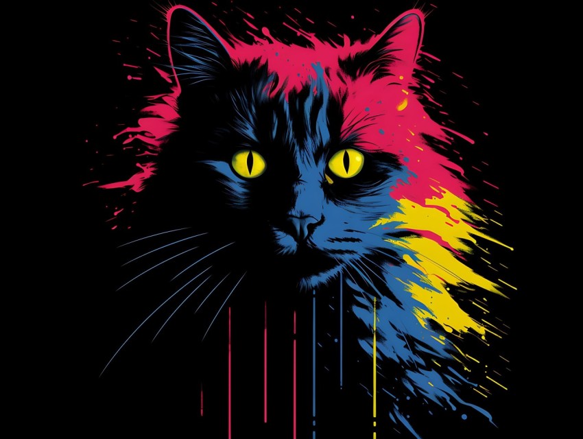 Colorful Cat Face Head Vivid Colors Pop Art Vector Illustrations Black Background (523)