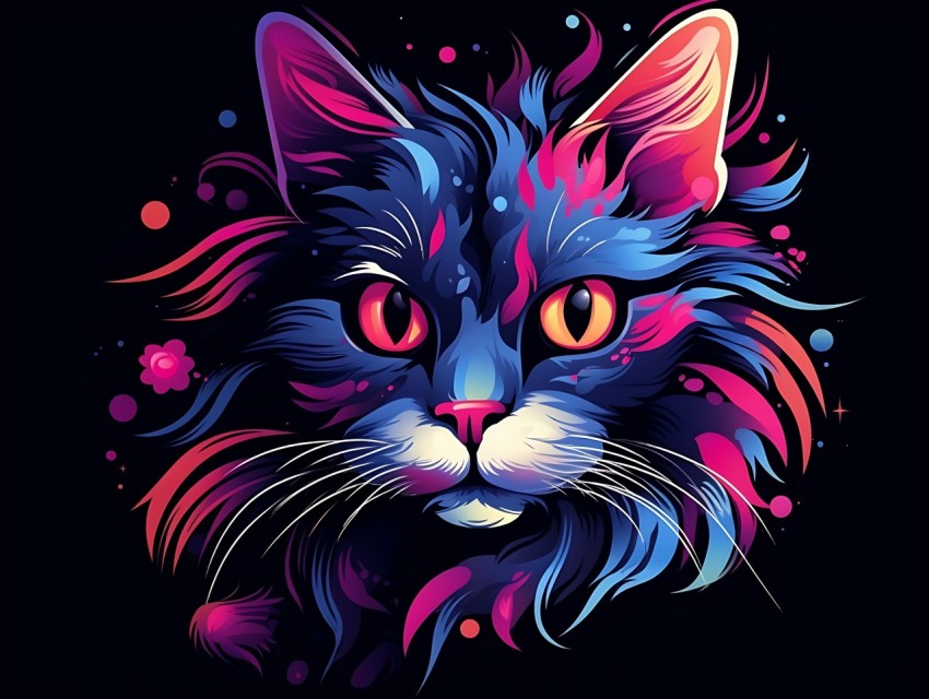 Colorful Cat Face Head Vivid Colors Pop Art Vector Illustrations Black Background (517)