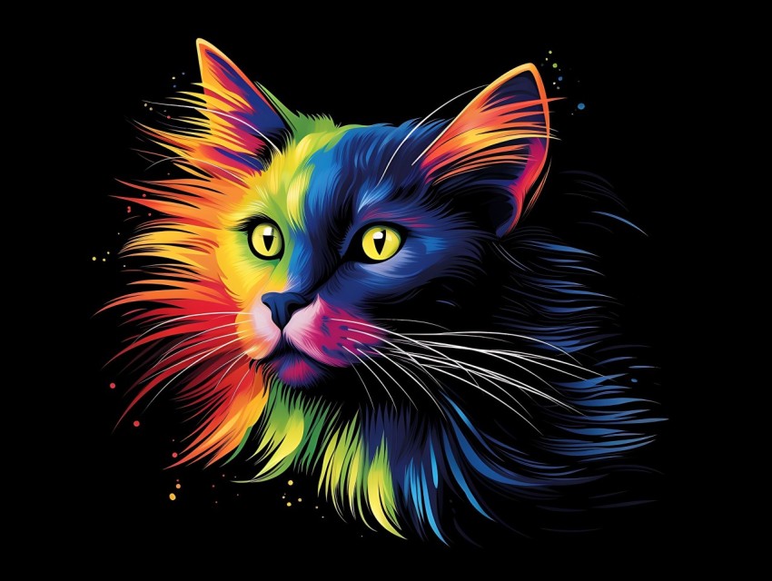Colorful Cat Face Head Vivid Colors Pop Art Vector Illustrations Black Background (542)
