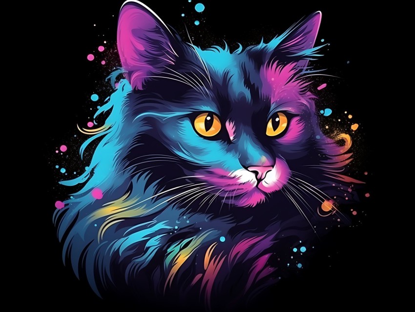 Colorful Cat Face Head Vivid Colors Pop Art Vector Illustrations Black Background (538)