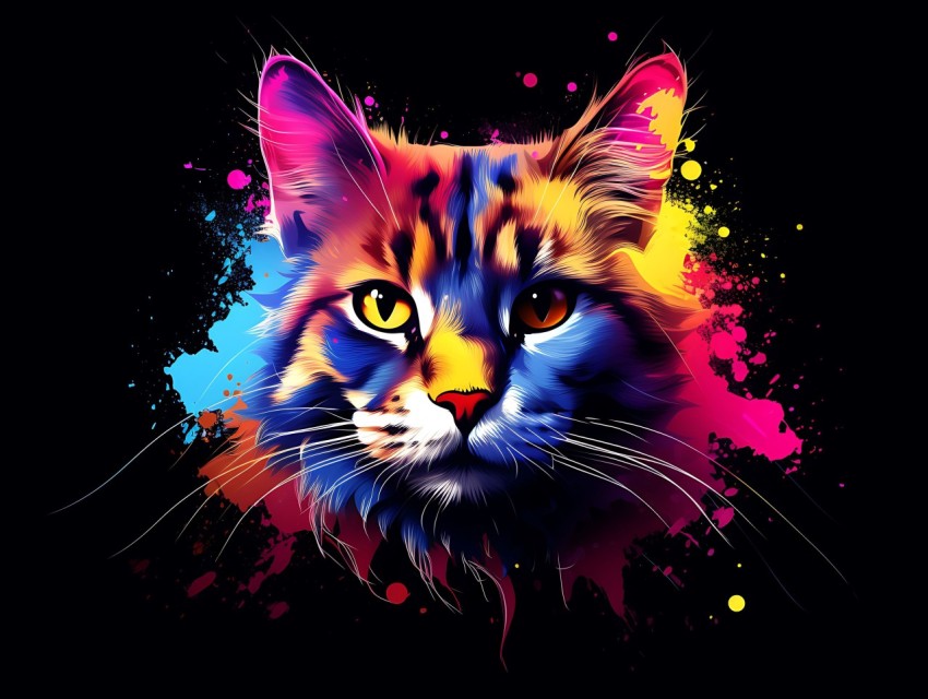Colorful Cat Face Head Vivid Colors Pop Art Vector Illustrations Black Background (521)
