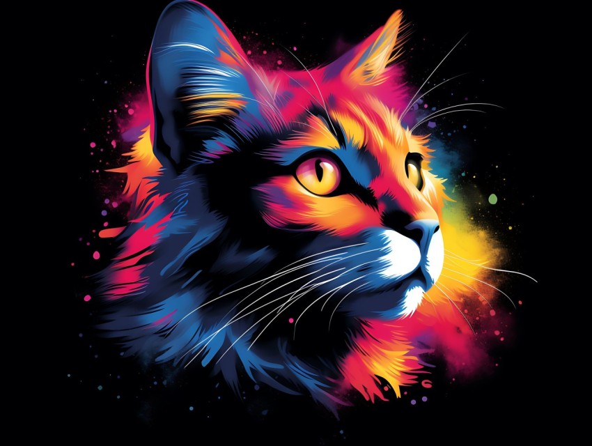 Colorful Cat Face Head Vivid Colors Pop Art Vector Illustrations Black Background (505)