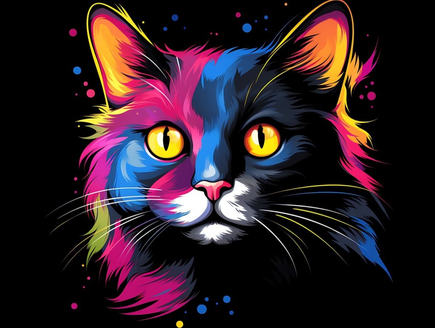 Colorful Cat Face Head Vivid Colors Pop Art Vector Illustrations Black Background (540)