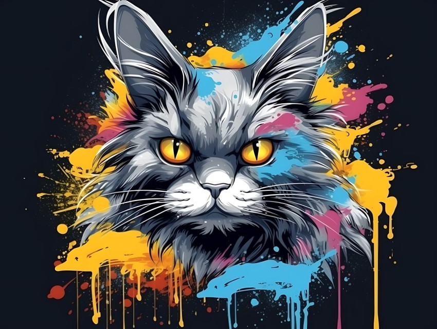 Colorful Cat Face Head Vivid Colors Pop Art Vector Illustrations Black Background (507)