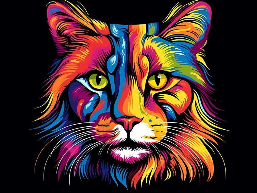 Colorful Cat Face Head Vivid Colors Pop Art Vector Illustrations Black Background (501)