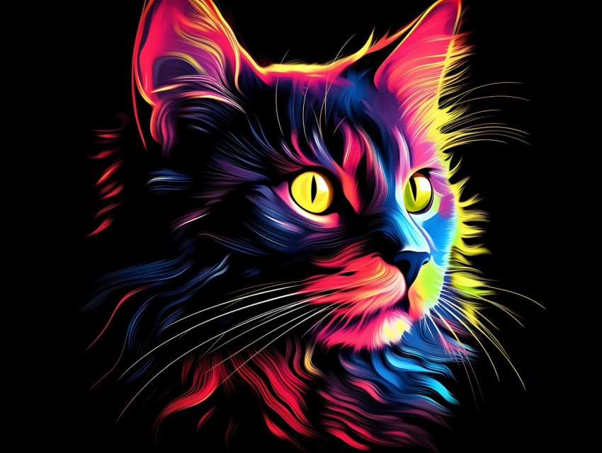 Colorful Cat Face Head Vivid Colors Pop Art Vector Illustrations Black Background (535)