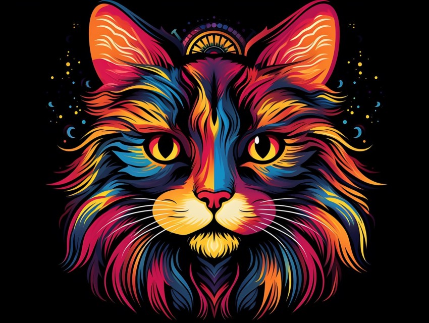 Colorful Cat Face Head Vivid Colors Pop Art Vector Illustrations Black Background (510)