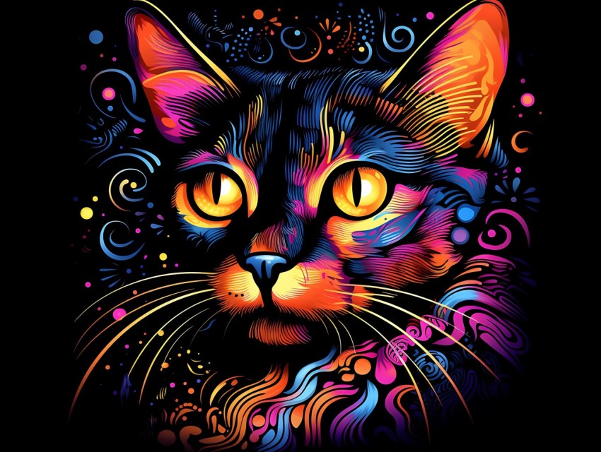 Colorful Cat Face Head Vivid Colors Pop Art Vector Illustrations Black Background (512)