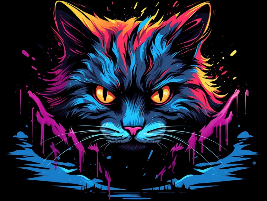 Colorful Cat Face Head Vivid Colors Pop Art Vector Illustrations Black Background (537)