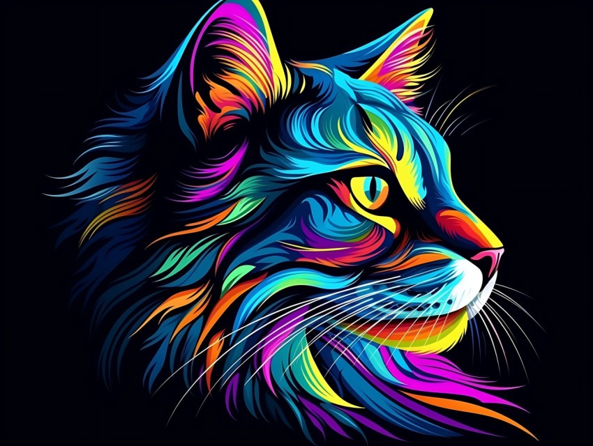 Colorful Cat Face Head Vivid Colors Pop Art Vector Illustrations Black Background (518)