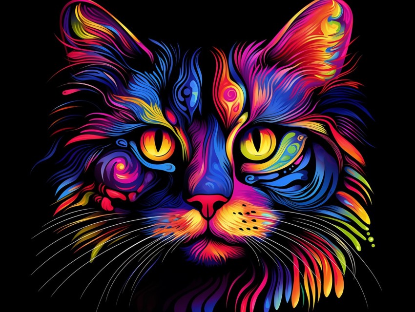 Colorful Cat Face Head Vivid Colors Pop Art Vector Illustrations Black Background (502)
