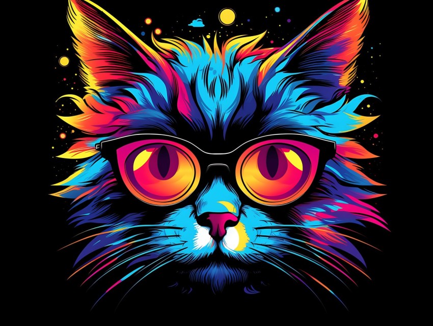Colorful Cat Face Head Vivid Colors Pop Art Vector Illustrations Black Background (550)