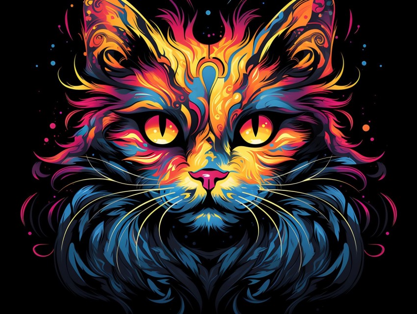 Colorful Cat Face Head Vivid Colors Pop Art Vector Illustrations Black Background (536)