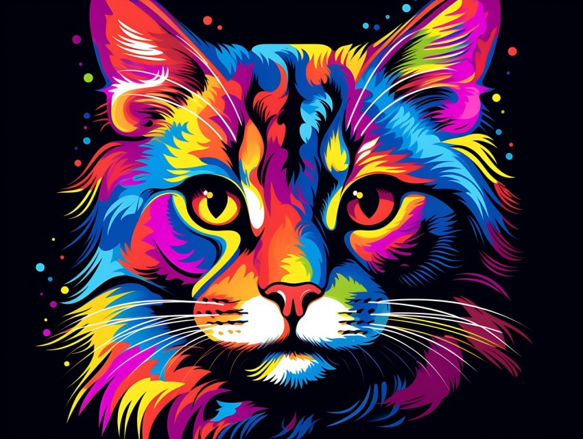 Colorful Cat Face Head Vivid Colors Pop Art Vector Illustrations Black Background (508)