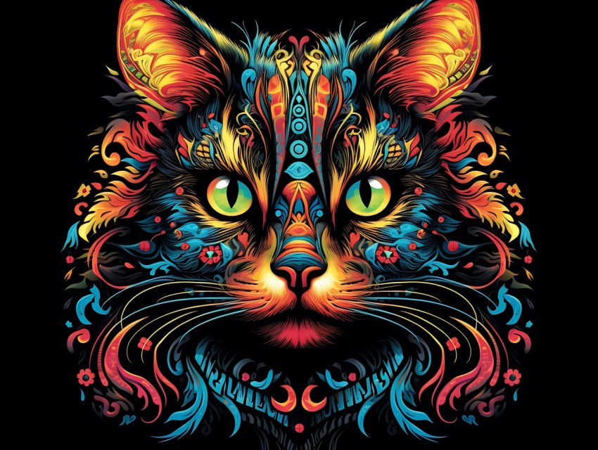 Colorful Cat Face Head Vivid Colors Pop Art Vector Illustrations Black Background (528)