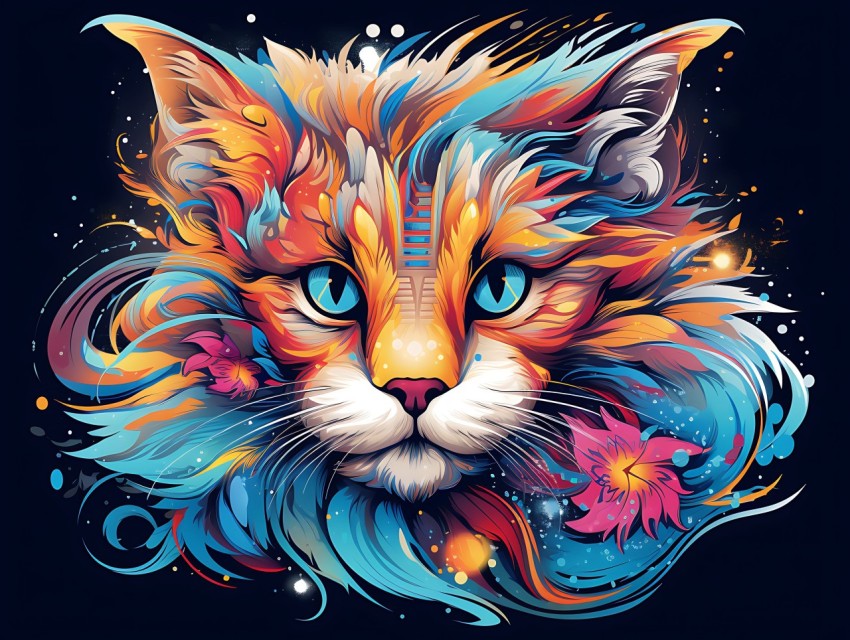 Colorful Cat Face Head Vivid Colors Pop Art Vector Illustrations Black Background (525)