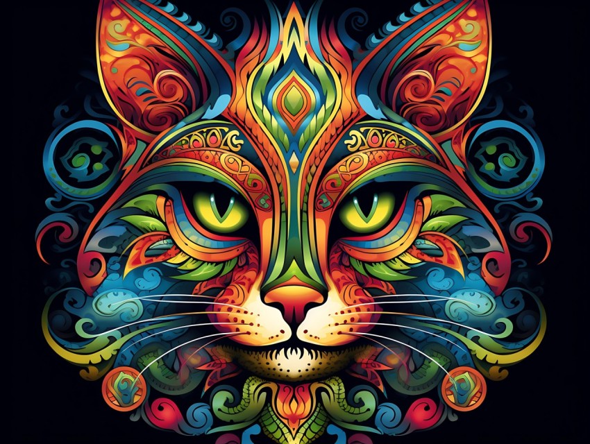 Colorful Cat Face Head Vivid Colors Pop Art Vector Illustrations Black Background (541)