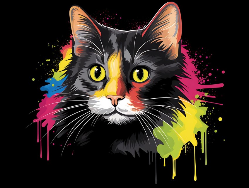 Colorful Cat Face Head Vivid Colors Pop Art Vector Illustrations Black Background (564)
