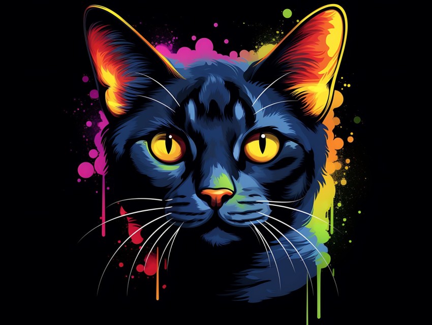 Colorful Cat Face Head Vivid Colors Pop Art Vector Illustrations Black Background (558)