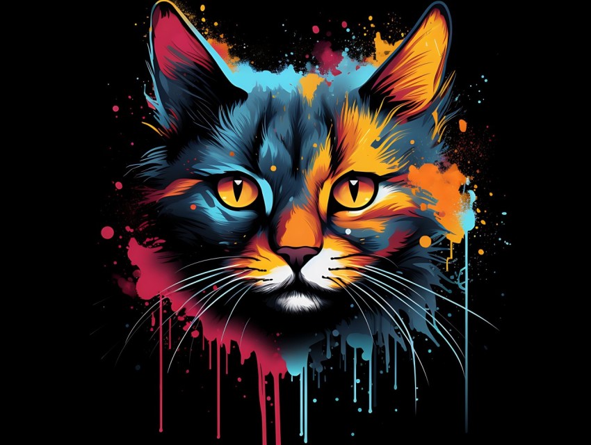 Colorful Cat Face Head Vivid Colors Pop Art Vector Illustrations Black Background (585)