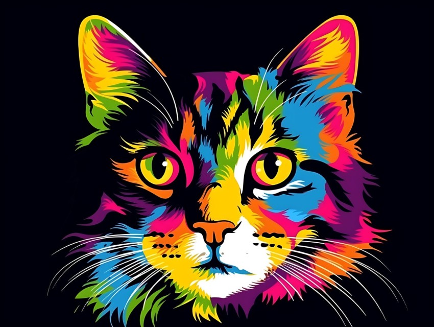 Colorful Cat Face Head Vivid Colors Pop Art Vector Illustrations Black Background (596)