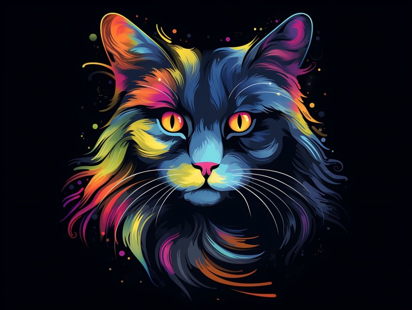Colorful Cat Face Head Vivid Colors Pop Art Vector Illustrations Black Background (571)
