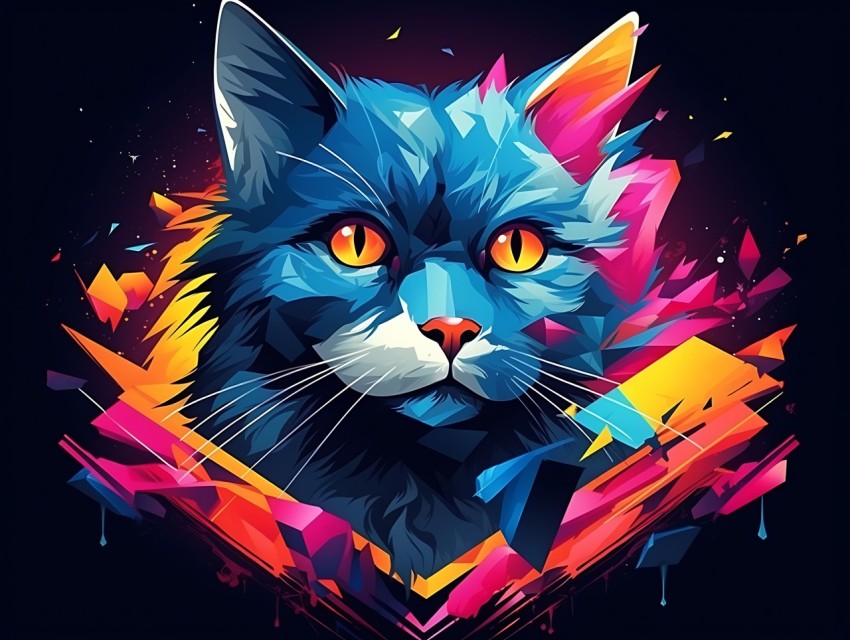 Colorful Cat Face Head Vivid Colors Pop Art Vector Illustrations Black Background (556)