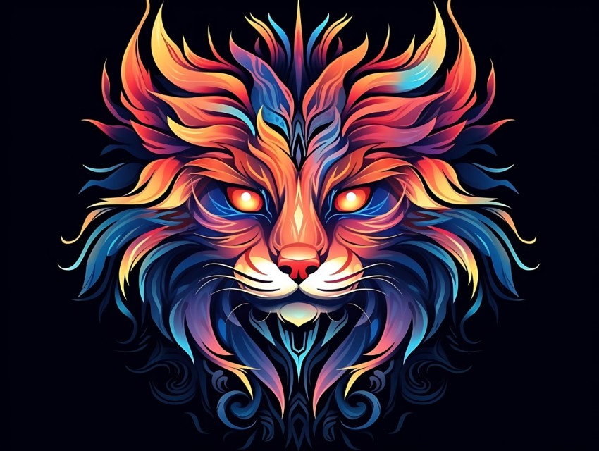 Colorful Cat Face Head Vivid Colors Pop Art Vector Illustrations Black Background (589)