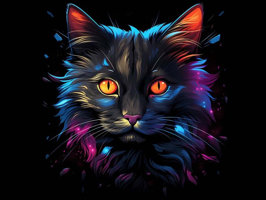Colorful Cat Face Head Vivid Colors Pop Art Vector Illustrations Black Background (575)