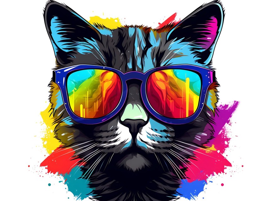 Colorful Cat Face Head Vivid Colors Pop Art Vector Illustrations Black Background (578)