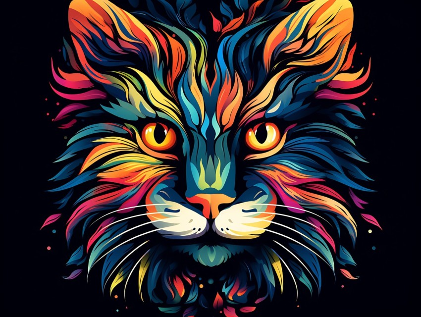 Colorful Cat Face Head Vivid Colors Pop Art Vector Illustrations Black Background (577)