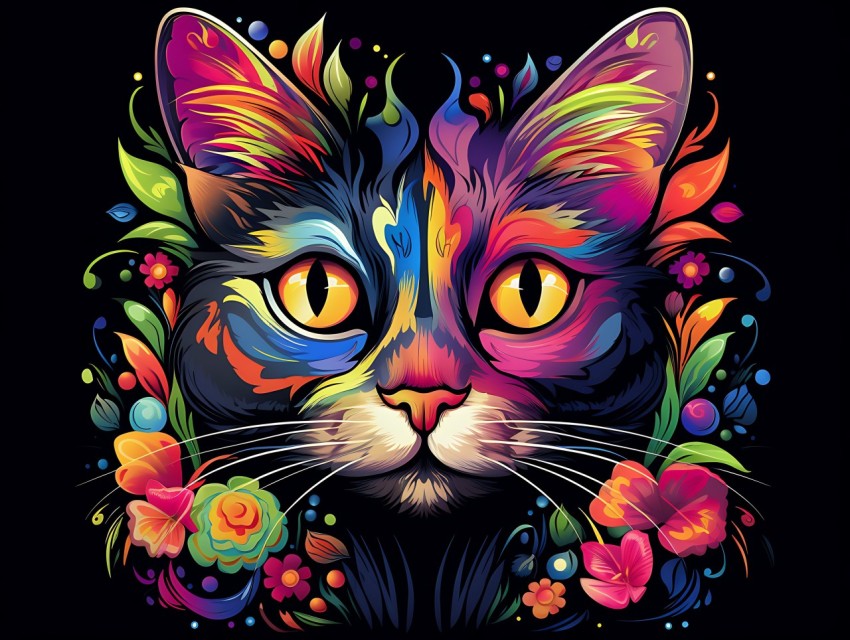 Colorful Cat Face Head Vivid Colors Pop Art Vector Illustrations Black Background (566)