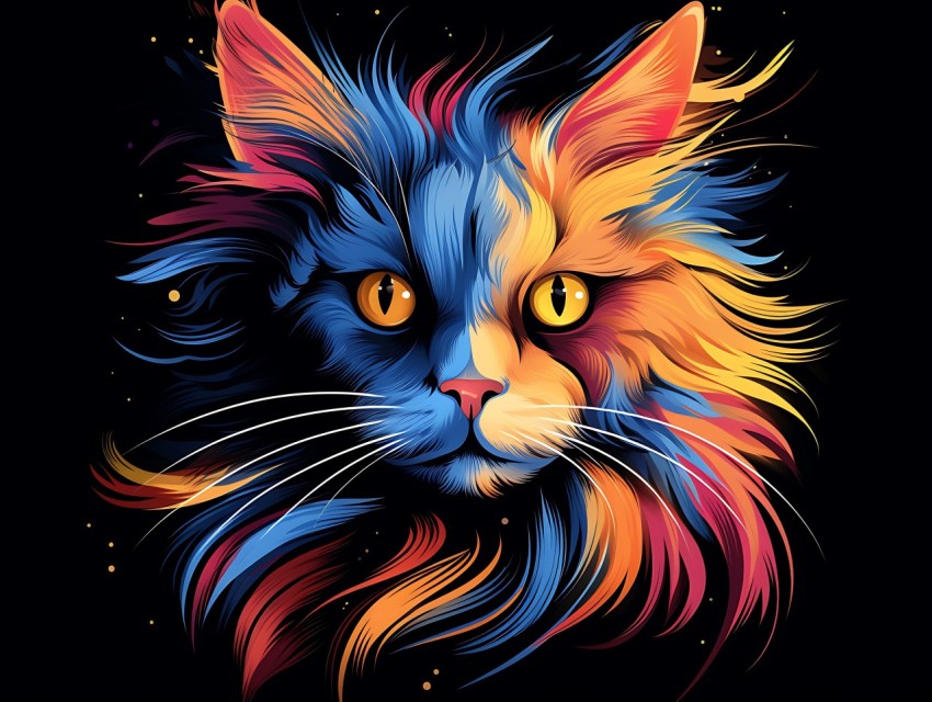 Colorful Cat Face Head Vivid Colors Pop Art Vector Illustrations Black Background (583)