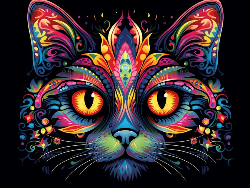 Colorful Cat Face Head Vivid Colors Pop Art Vector Illustrations Black Background (595)