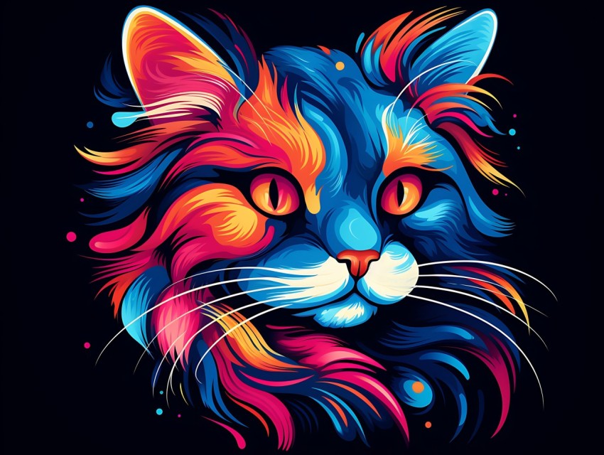 Colorful Cat Face Head Vivid Colors Pop Art Vector Illustrations Black Background (597)