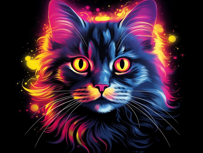 Colorful Cat Face Head Vivid Colors Pop Art Vector Illustrations Black Background (563)