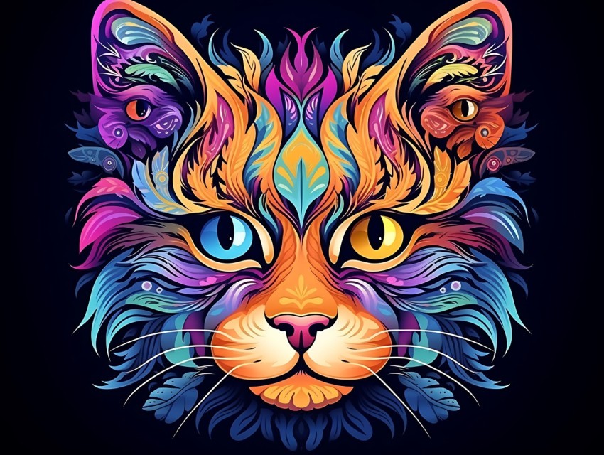 Colorful Cat Face Head Vivid Colors Pop Art Vector Illustrations Black Background (554)