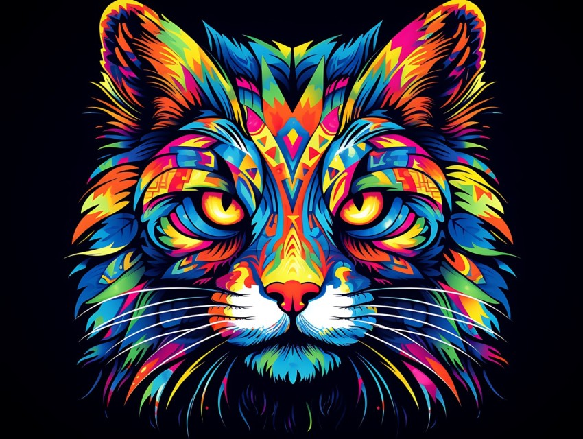 Colorful Cat Face Head Vivid Colors Pop Art Vector Illustrations Black Background (584)