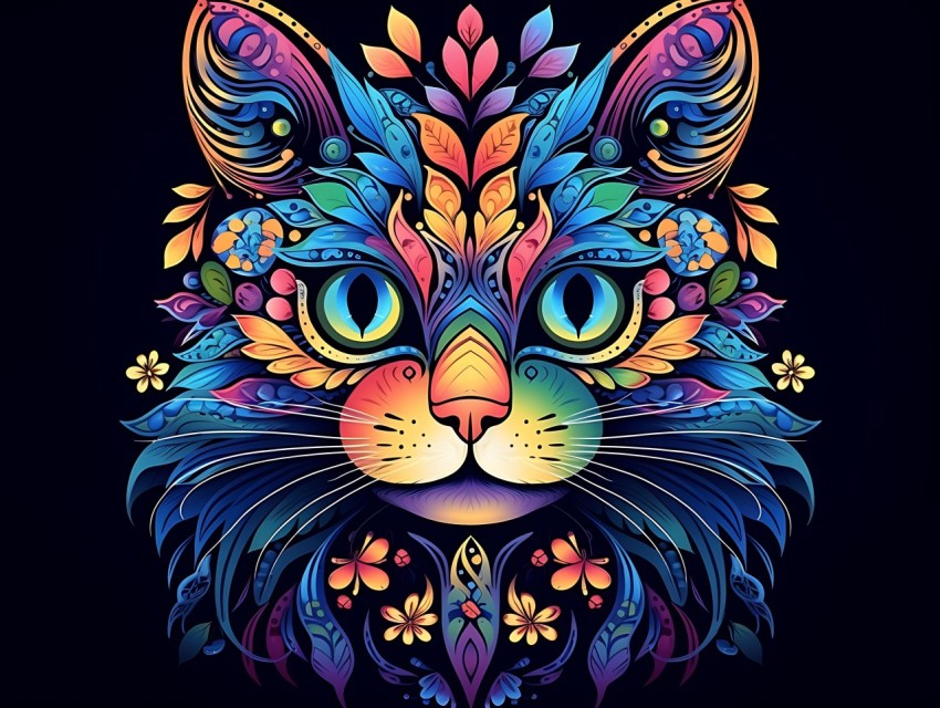 Colorful Cat Face Head Vivid Colors Pop Art Vector Illustrations Black Background (561)