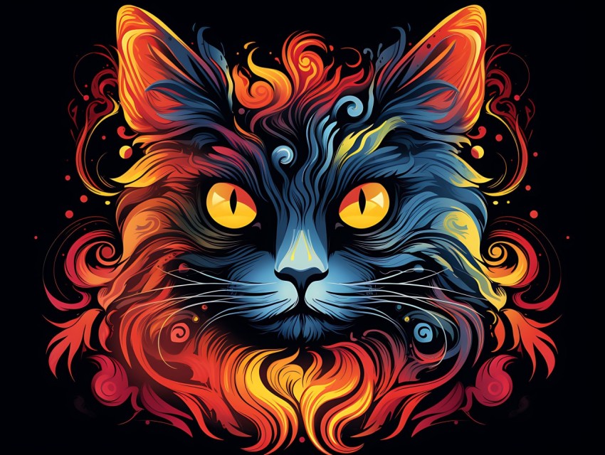 Colorful Cat Face Head Vivid Colors Pop Art Vector Illustrations Black Background (553)