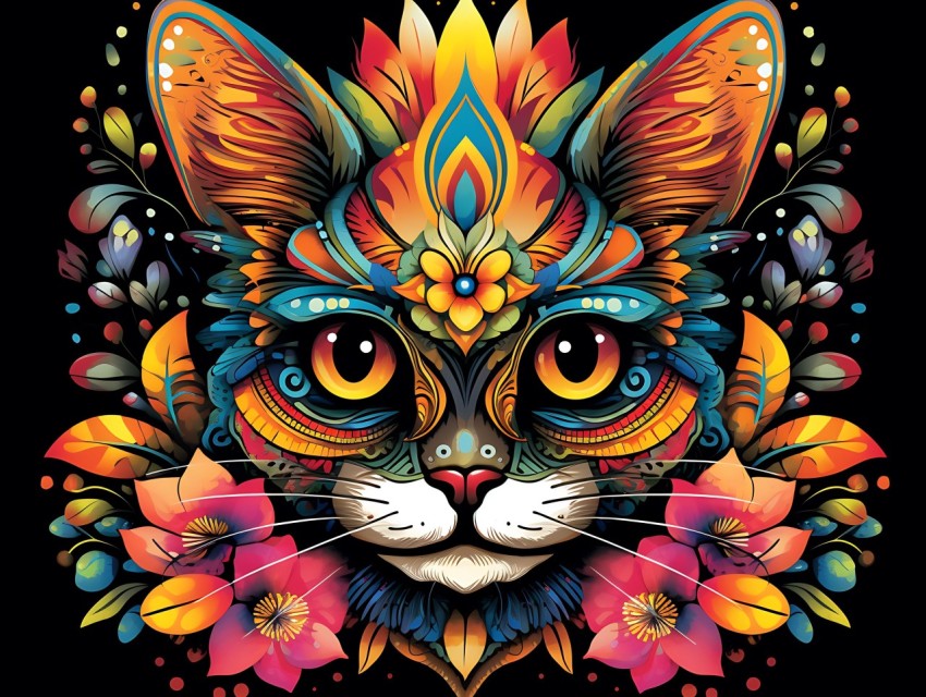 Colorful Cat Face Head Vivid Colors Pop Art Vector Illustrations Black Background (570)